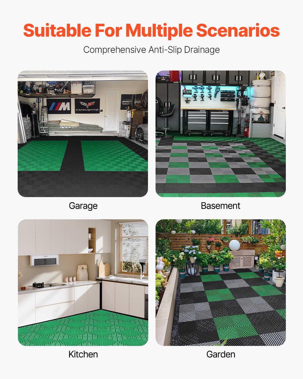 VEVOR Interlocking Drainage Mat, 50 Pcs Modular Interlocking Cushion, 12” x 12” Splicing Drainage Mats, Non-Slip Green PP Drainage Floor Tile and Shower Mat, for Garage, Garden, Kitchen & Outdoor - CKPSD10X10YCS8XCRV0 - view 7