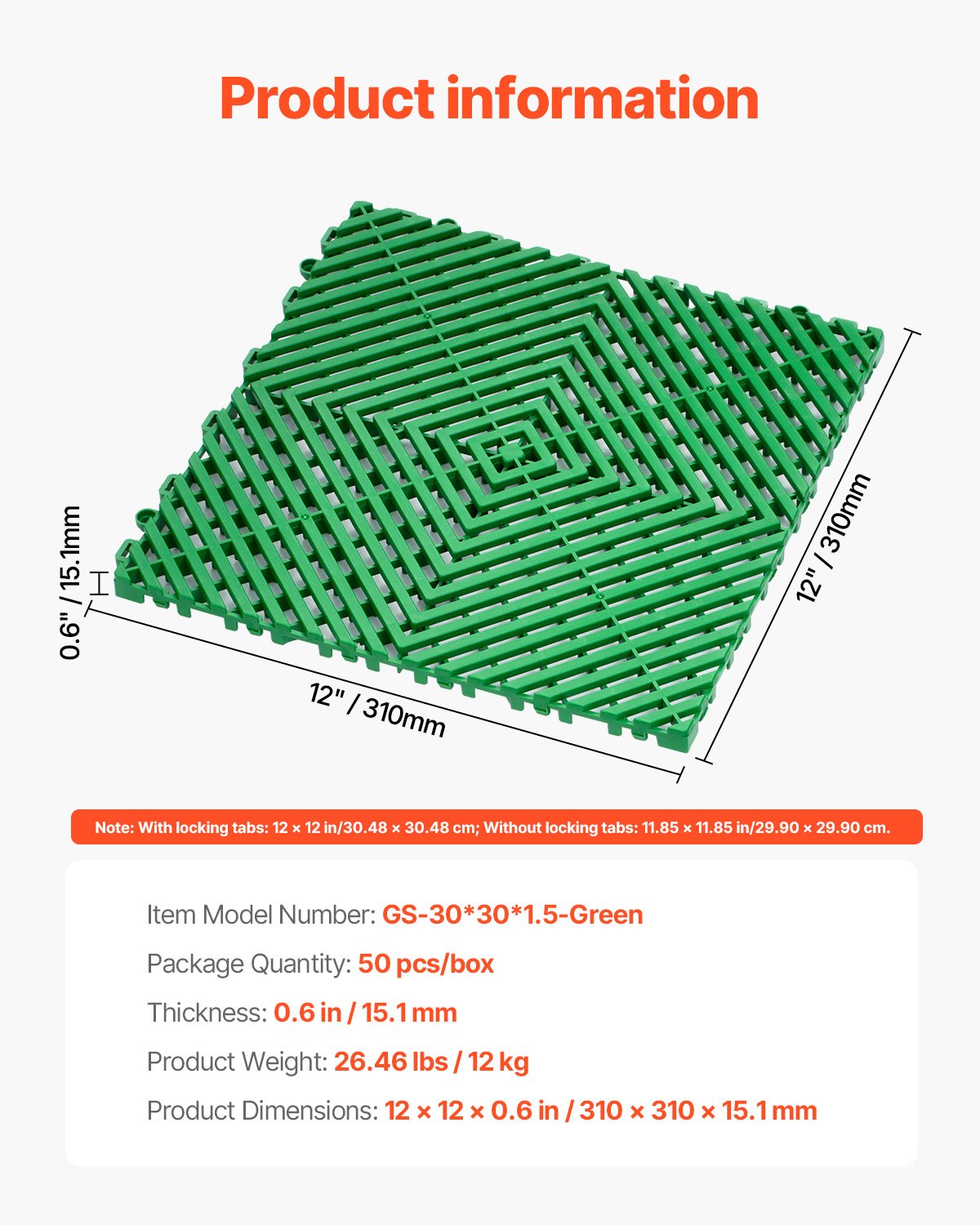 VEVOR Interlocking Drainage Mat, 50 Pcs Modular Interlocking Cushion, 12” x 12” Splicing Drainage Mats, Non-Slip Green PP Drainage Floor Tile and Shower Mat, for Garage, Garden, Kitchen & Outdoor - CKPSD10X10YCS8XCRV0 - view 8