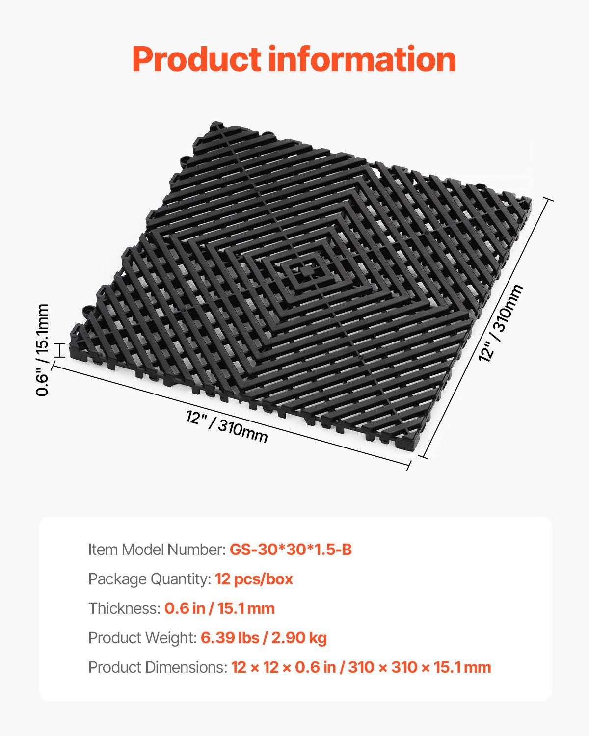 VEVOR Interlocking Drainage Mat, 12” x 12” Modular Interlocking Cushion, 12 Pcs Splicing Drainage Mats, Non-Slip Black PP Drainage Floor Tile and Shower Mat, for Garage, Garden, Kitchen & Outdoor - CKPSD12X12IN2VWPFV0 - view 8