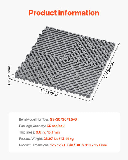 VEVOR Interlocking Drainage Mat, 12” x 12” Modular Interlocking Cushion, 55 Pcs Splicing Drainage Mats, Non-Slip Gray PP Drainage Floor Tile and Shower Mat, for Garage, Garden, Kitchen & Outdoor - CKPSD12X12IN4FGUZV0 - view 8