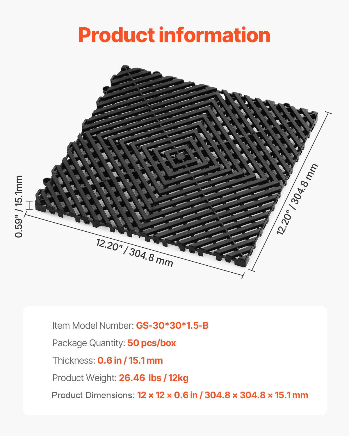 VEVOR Interlocking Drainage Mat, 12” x 12” Modular Interlocking Cushion, 50 Pcs Splicing Drainage Mats, Non-Slip Black PP Drainage Floor Tile and Shower Mat, for Garage, Garden, Kitchen & Outdoor - CKPSD12X12INH8T9BV0 - view 8