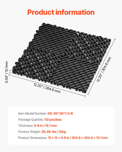 VEVOR Interlocking Drainage Mat, 12” x 12” Modular Interlocking Cushion, 50 Pcs Splicing Drainage Mats, Non-Slip Black PP Drainage Floor Tile and Shower Mat, for Garage, Garden, Kitchen & Outdoor - CKPSD12X12INH8T9BV0 - view 8