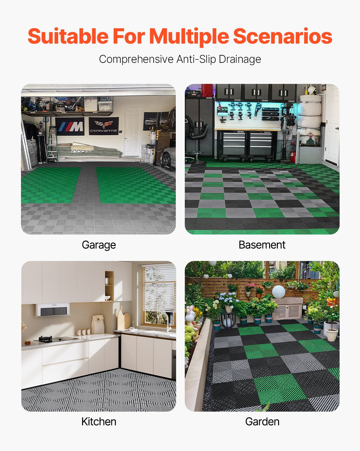 VEVOR Interlocking Drainage Mat, 12” x 12” Modular Interlocking Cushion, 40 Pcs Splicing Drainage Mats, Non-Slip Gray PP Drainage Floor Tile and Shower Mat, for Garage, Garden, Kitchen & Outdoor - CKPSD12X12INYQCJXV0 - view 7
