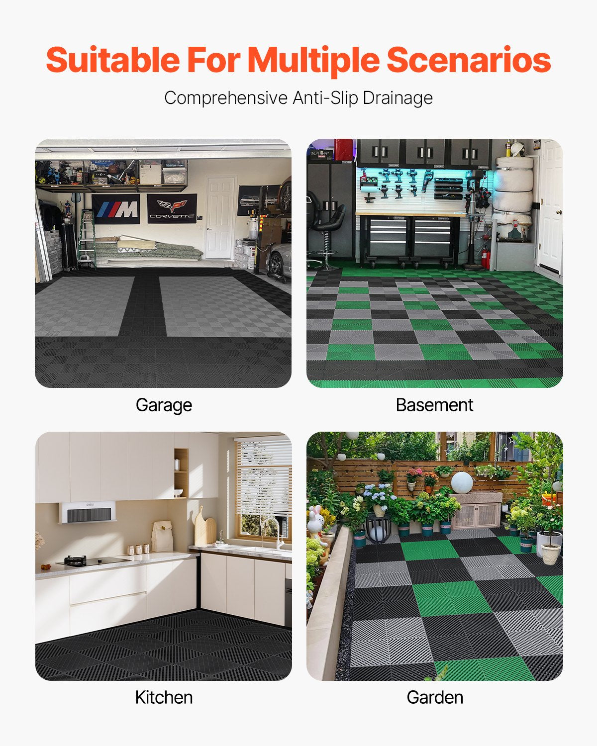VEVOR Interlocking Drainage Mat, 15.7” x 15.7” Modular Interlocking Cushion, 24 Pcs Splicing Drainage Mats, Non-Slip Black PP Drainage Floor Tile and Shower Mat, for Garage, Garden, Kitchen & Outdoor - CKPSD157157I4GH6AV0 - view 7