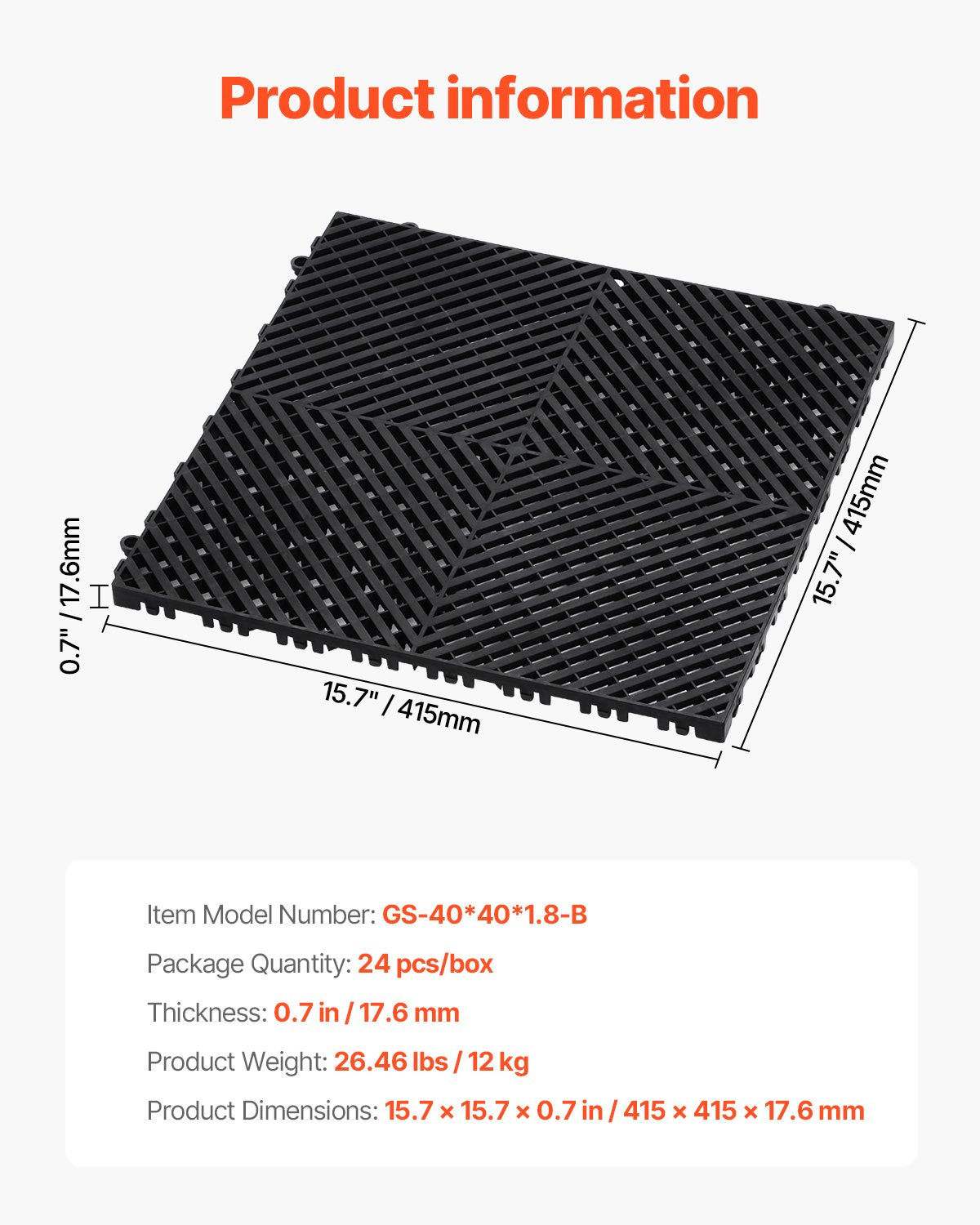 VEVOR Interlocking Drainage Mat, 15.7” x 15.7” Modular Interlocking Cushion, 24 Pcs Splicing Drainage Mats, Non-Slip Black PP Drainage Floor Tile and Shower Mat, for Garage, Garden, Kitchen & Outdoor - CKPSD157157I4GH6AV0 - view 8