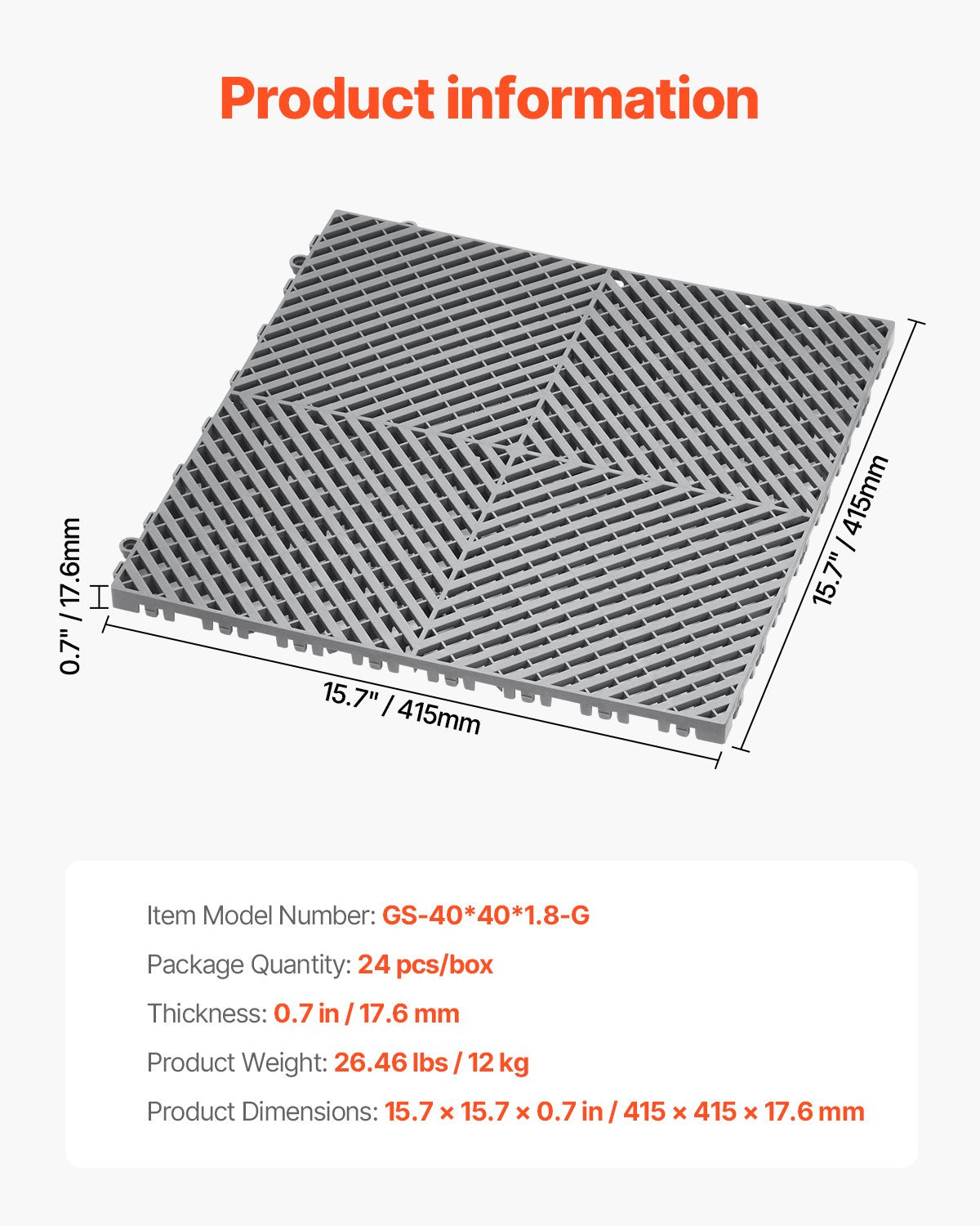 VEVOR Interlocking Drainage Mat, 15.7” x 15.7” Modular Interlocking Cushion, 24 Pcs Splicing Drainage Mats, Non-Slip Gray PP Drainage Floor Tile and Shower Mat, for Garage, Garden, Kitchen & Outdoor - CKPSD157157IYIV1HV0 - view 8