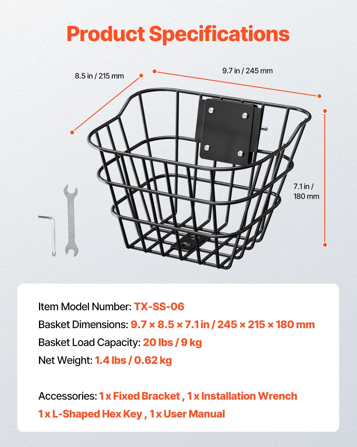 VEVOR Front Bike Basket, Electric Scooter Basket with Fixed Bracket - Max Bearing 20 lbs, Construct from Solid Steel, Kids Bike Basket/Adult Bicycle Basket/Knee Electric Scooter Accessories - CKQXJSSZWNCB5GFNHV0 - view 8