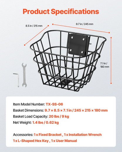 VEVOR Front Bike Basket, Electric Scooter Basket with Fixed Bracket - Max Bearing 20 lbs, Construct from Solid Steel, Kids Bike Basket/Adult Bicycle Basket/Knee Electric Scooter Accessories - CKQXJSSZWNCB5GFNHV0 - view 8
