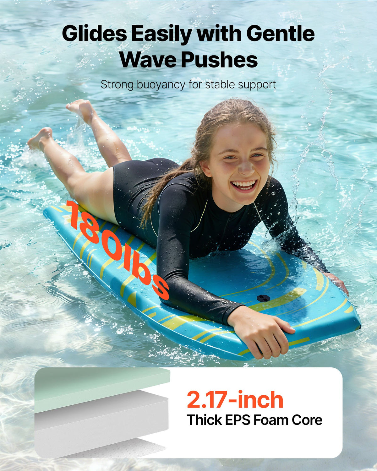 VEVOR 42-Inch Bodyboard, Body Board Trainer with EPS Foam Core & Wrist Leash, UV-Resistant Beach Bodyboard for Beginners, Youth Up to 180 lbs - CLBPB40INCH04X1XU001V0 - view 4
