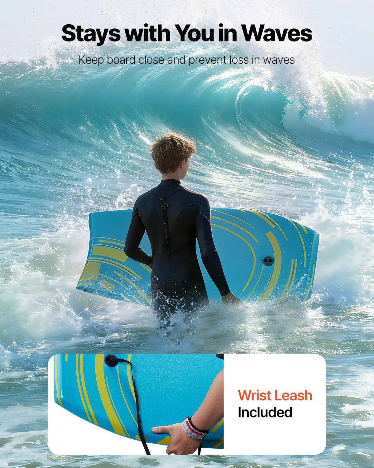 VEVOR 42-Inch Bodyboard, Body Board Trainer with EPS Foam Core & Wrist Leash, UV-Resistant Beach Bodyboard for Beginners, Youth Up to 180 lbs - CLBPB40INCH04X1XU001V0 - view 7