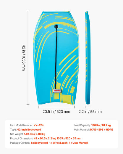 VEVOR 42-Inch Bodyboard, Body Board Trainer with EPS Foam Core & Wrist Leash, UV-Resistant Beach Bodyboard for Beginners, Youth Up to 180 lbs - CLBPB40INCH04X1XU001V0 - view 8