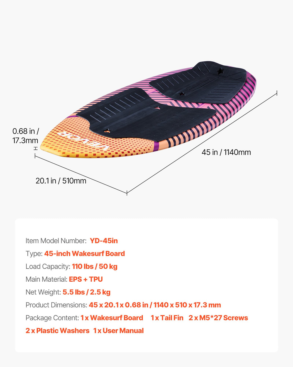 VEVOR 45-Inch Wakesurf Board, Wake Surfing Board with EPS Foam Core &  EVA Non-Slip Pad, UV-Resistant Wakesurfing Boards for Youth Up to 110 lbs - CLBWBWLB3FT9JTH3X001V0 - view 8