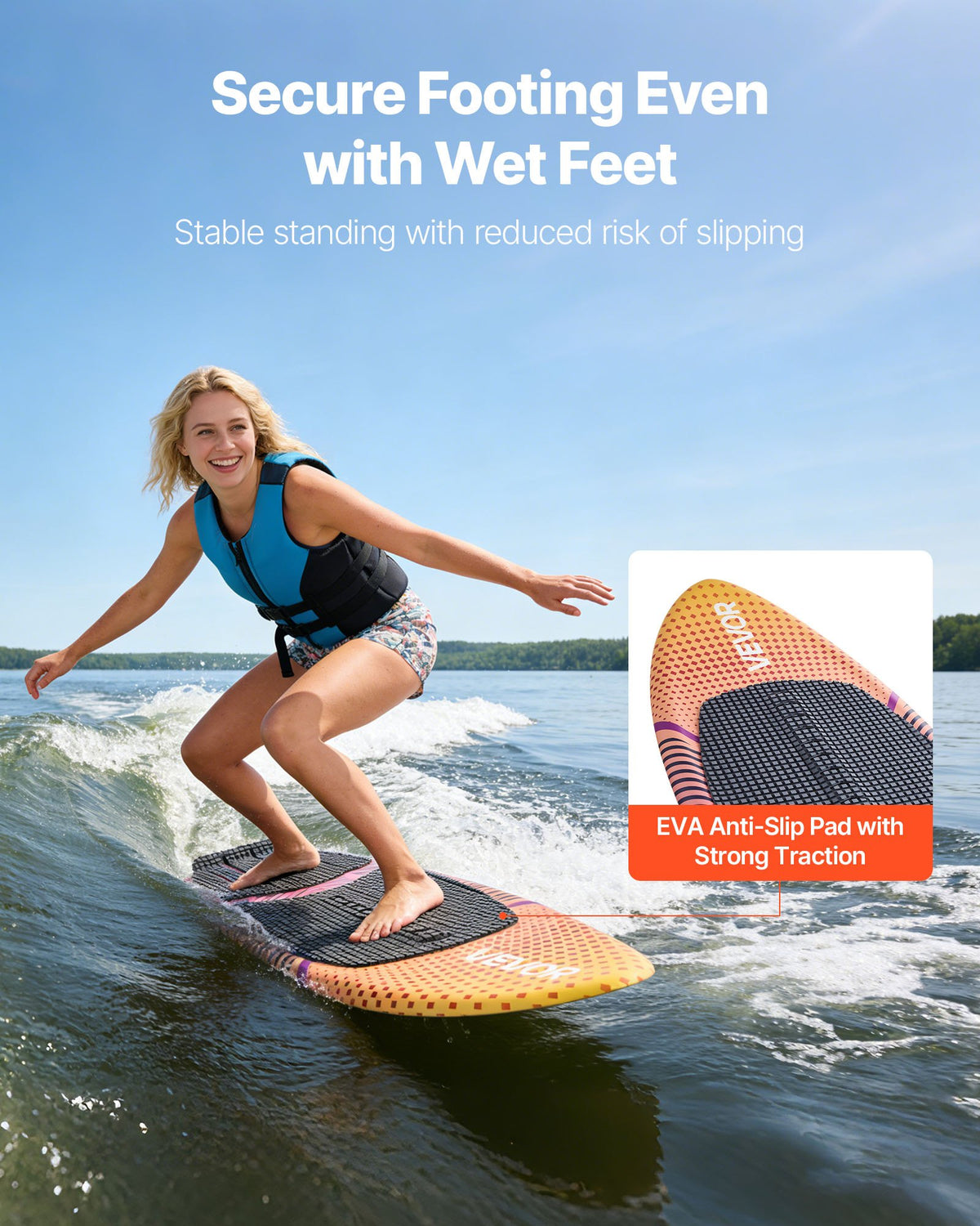 VEVOR 63-Inch Wakesurf Board, Wake Surfing Board with EPS Foam Core, EVA Non-Slip Pad & 3 Tail Fins, UV-Resistant Wakesurfing Boards for Adults Up to 250 lbs - CLBWBWLB5FT4YH7UR001V0 - view 5
