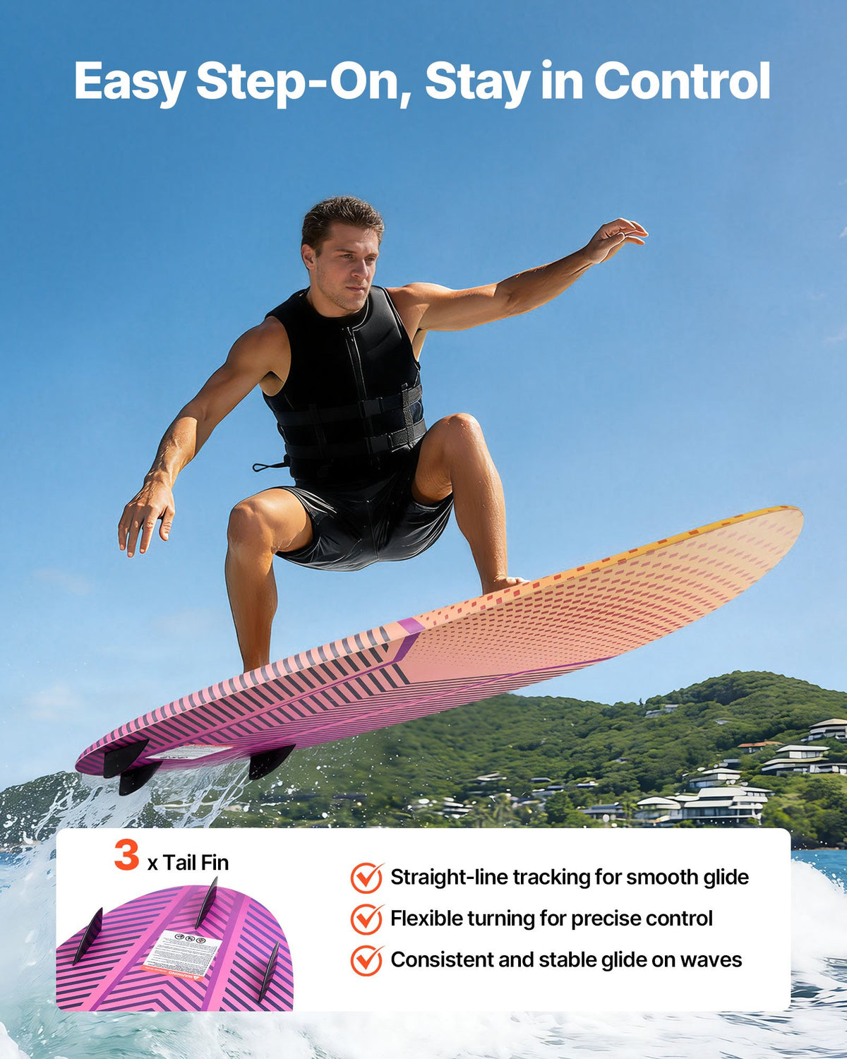 VEVOR 63-Inch Wakesurf Board, Wake Surfing Board with EPS Foam Core, EVA Non-Slip Pad & 3 Tail Fins, UV-Resistant Wakesurfing Boards for Adults Up to 250 lbs - CLBWBWLB5FT4YH7UR001V0 - view 6
