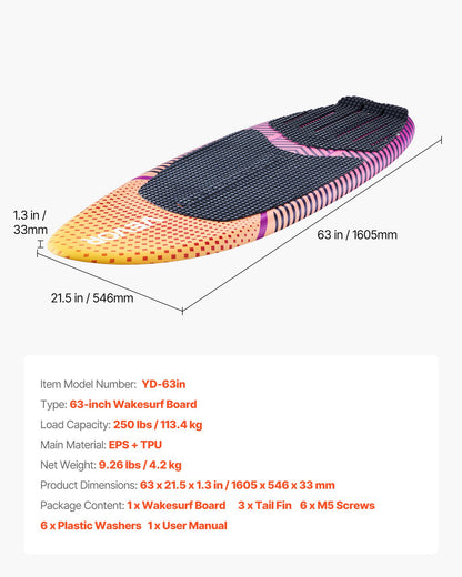 VEVOR 63-Inch Wakesurf Board, Wake Surfing Board with EPS Foam Core, EVA Non-Slip Pad & 3 Tail Fins, UV-Resistant Wakesurfing Boards for Adults Up to 250 lbs - CLBWBWLB5FT4YH7UR001V0 - view 8