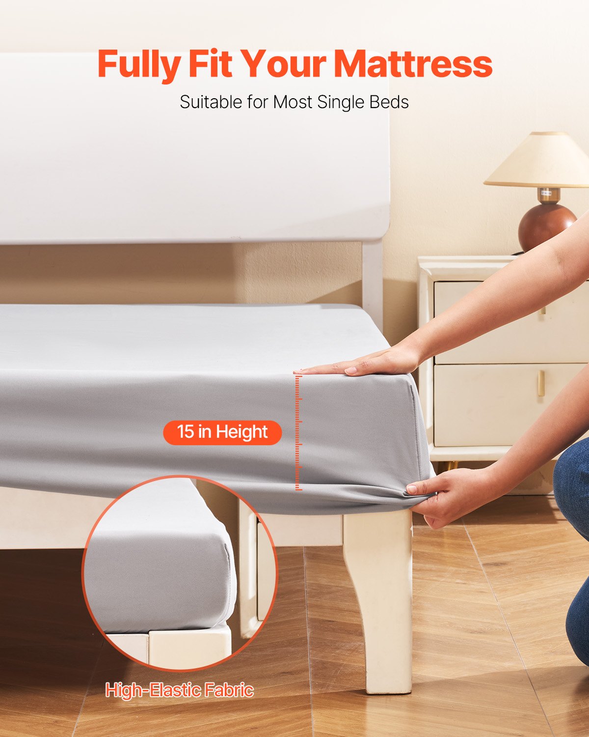 VEVOR Fitted Sheet, 1 Set of 2 Pieces, Twin Size Elastic Fitted Sheet with High-Quality Microfiber, Wear-Resistant & Breathable Twin Fitted Sheet with Single-Sided Brushing, Fit for 15 in Mattress - CLDLTWIN7539KL4HSV0 - view 3