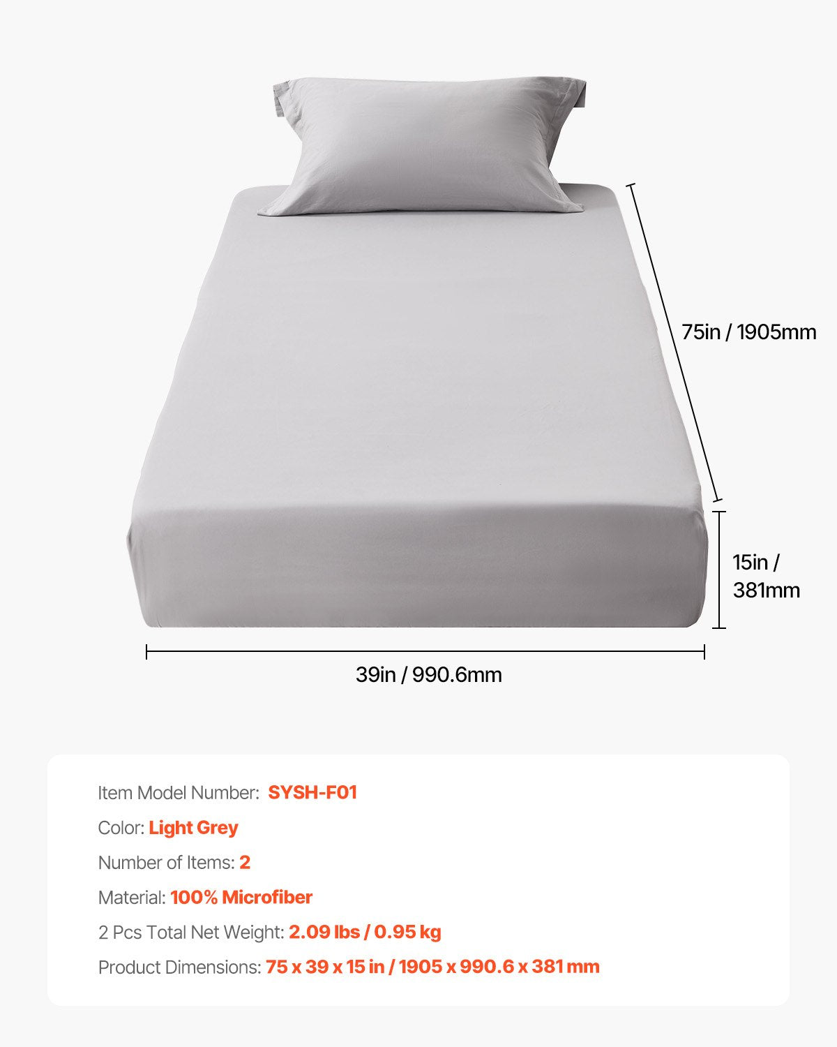 VEVOR Fitted Sheet, 1 Set of 2 Pieces, Twin Size Elastic Fitted Sheet with High-Quality Microfiber, Wear-Resistant & Breathable Twin Fitted Sheet with Single-Sided Brushing, Fit for 15 in Mattress - CLDLTWIN7539KL4HSV0 - view 8