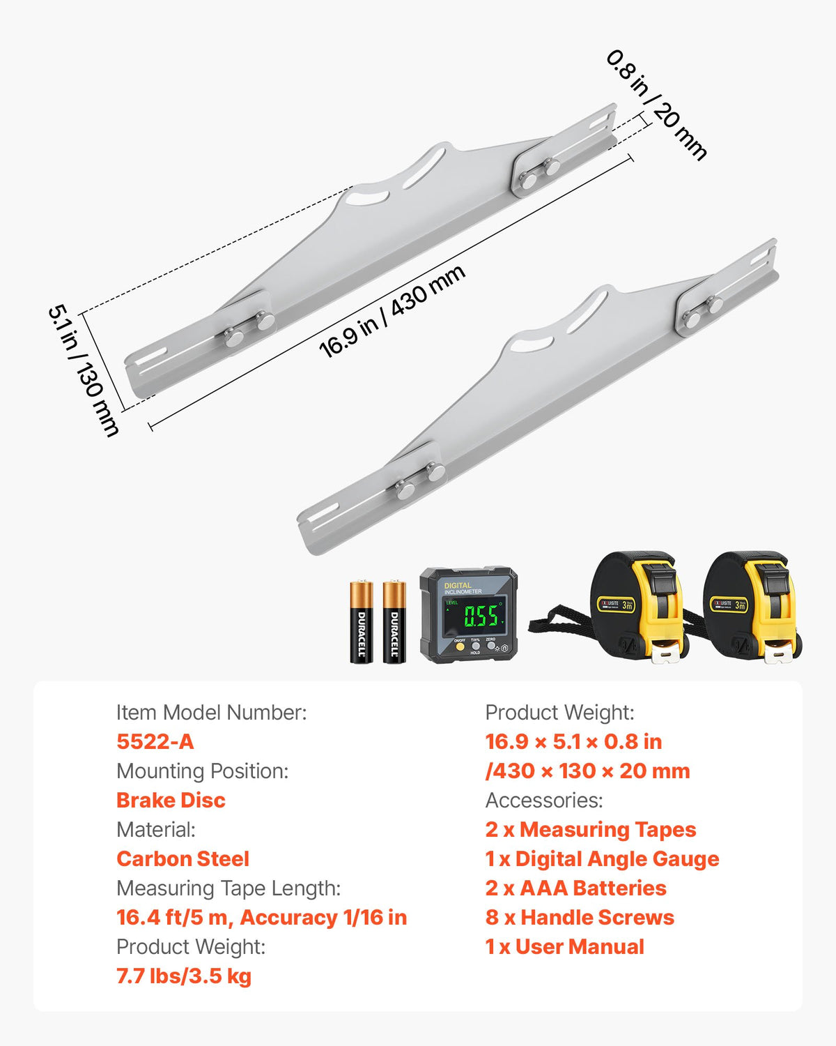 VEVOR Wheel Alignment Tool, 2 PCS Carbon Steel Heavy Duty Toe & Camber Alignment Plates with Digital Angle Finder, 2 Measuring Tapes, Accurate Automotive Wheel Tools for Home Use, Fits Car Truck SUV - CLDWJJBXG0DSJO9UF001V9 - view 8