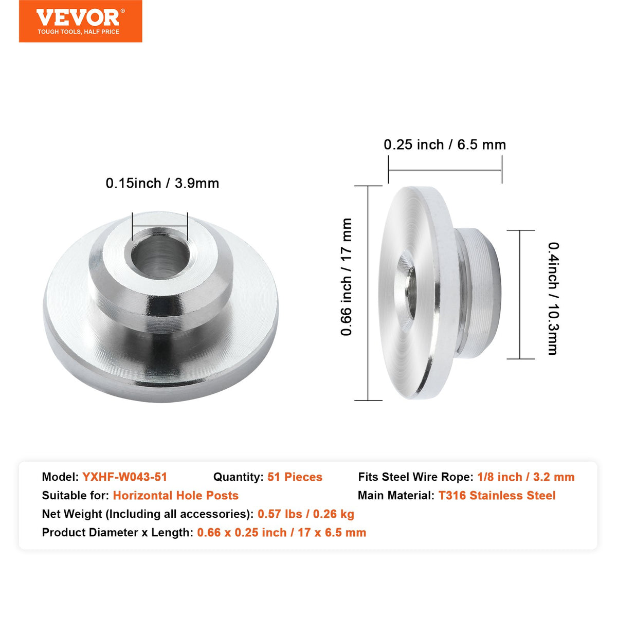 VEVOR 51Pack Cable Railing Kit 1/8" Wheel Protector Sleeves, Bundle with Black Invisible 1/8" Swage Tensioner and Terminal, Cable Railing Post Safeguard Covers for 0.41inch Horizontal Hole Post - CLHT51JYS000TOHGMV0 - view 8