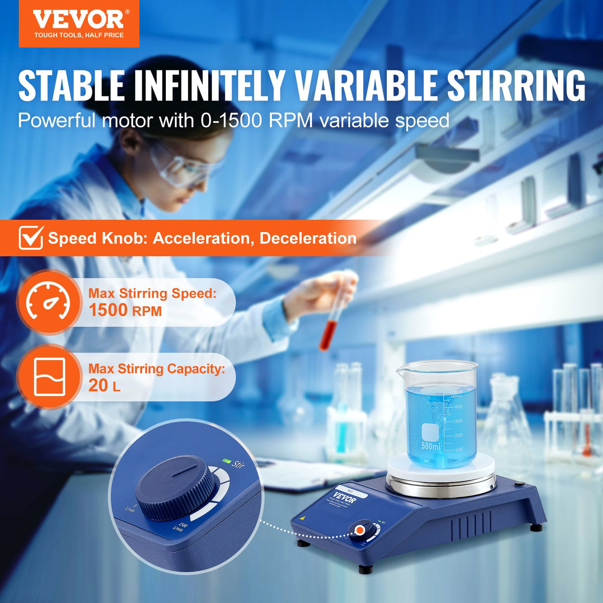 VEVOR Magnetic Stirrer, 0-1500 RPM Stir Plate with Adjustable Speed Knob, 20L Plate Stirrer Kit, Stir Bar Included - CLJBJ120LBJR0ICLWV1 - view 3