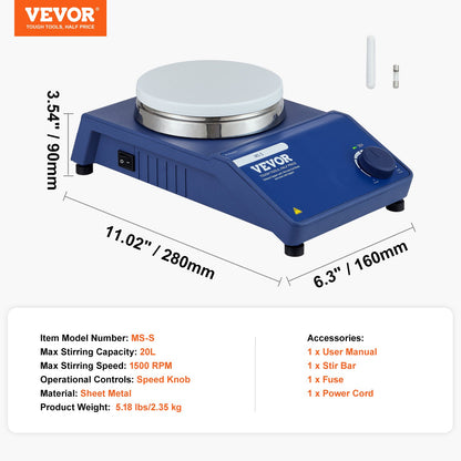 VEVOR Magnetic Stirrer, 0-1500 RPM Stir Plate with Adjustable Speed Knob, 20L Plate Stirrer Kit, Stir Bar Included - CLJBJ120LBJR0ICLWV1 - view 8