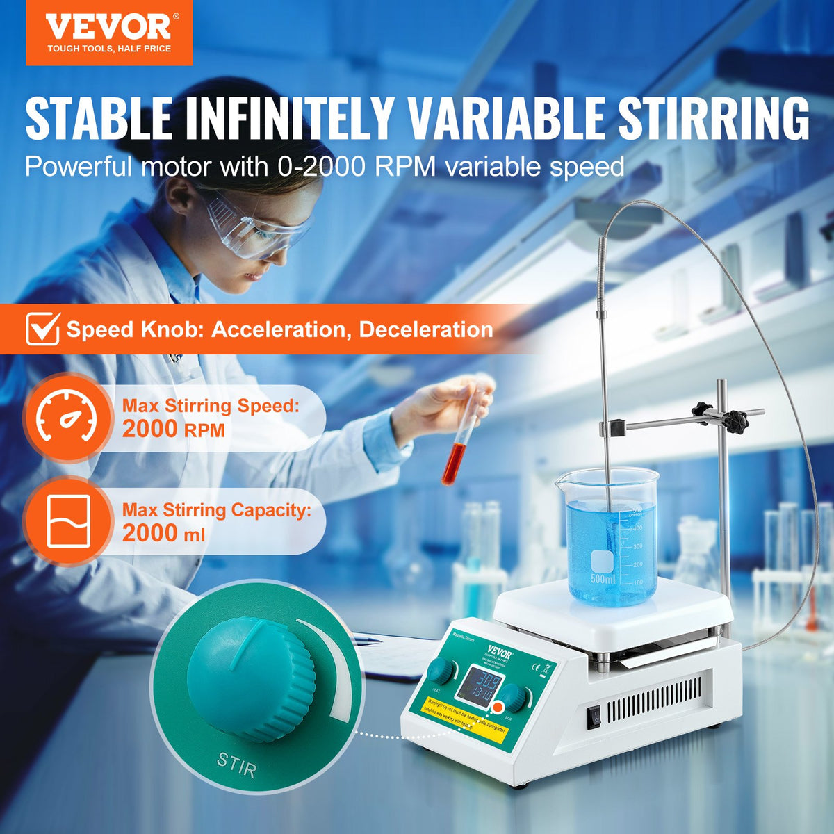 VEVOR Magnetic Stirrer Hot Plate, Max 212 ℉ / 100 ℃, 0-2000 RPM Hot Plate with Magnetic Stirrer, 2000mL Hot Plate Stirrer with LED Screen, Support Stand and Stir Bars Included, 500W Heating Power - CLJBJ1JRS200A5R0VV1 - view 3