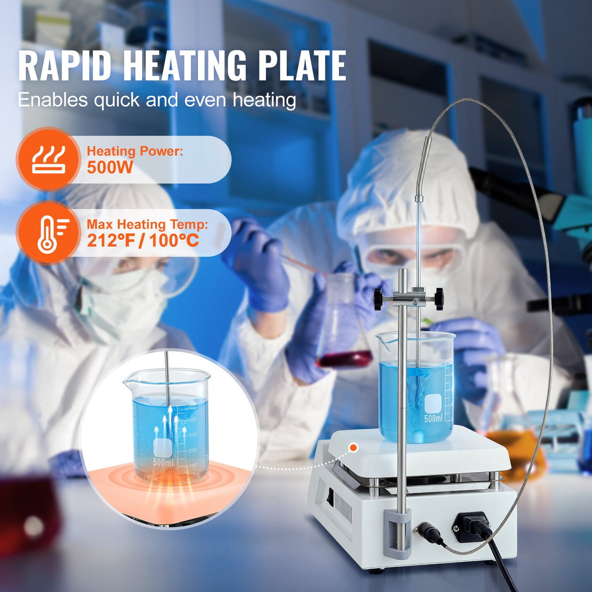 VEVOR Magnetic Stirrer Hot Plate, Max 212 ℉ / 100 ℃, 0-2000 RPM Hot Plate with Magnetic Stirrer, 2000mL Hot Plate Stirrer with LED Screen, Support Stand and Stir Bars Included, 500W Heating Power - CLJBJ1JRS200A5R0VV1 - view 4