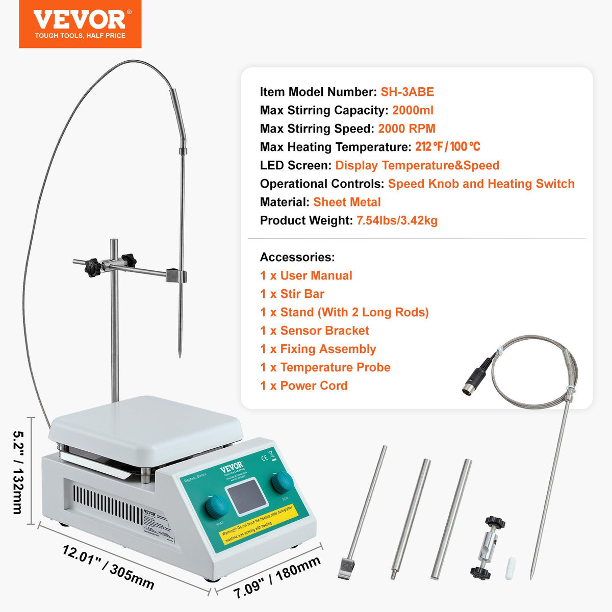 VEVOR Magnetic Stirrer Hot Plate, Max 212 ℉ / 100 ℃, 0-2000 RPM Hot Plate with Magnetic Stirrer, 2000mL Hot Plate Stirrer with LED Screen, Support Stand and Stir Bars Included, 500W Heating Power - CLJBJ1JRS200A5R0VV1 - view 8