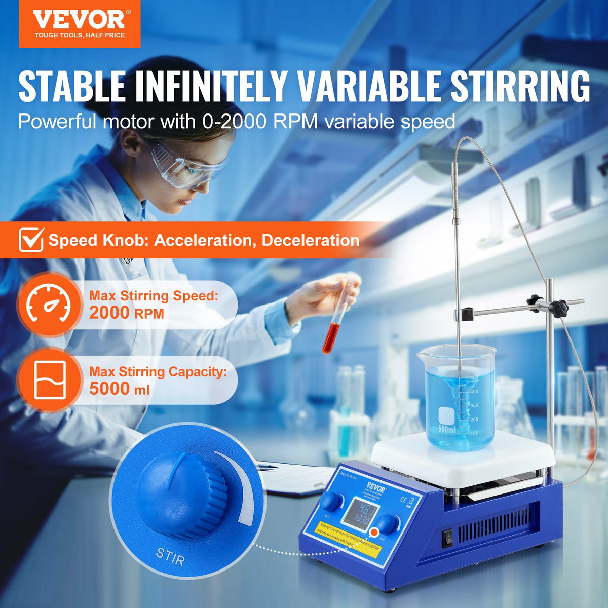 VEVOR Magnetic Stirrer Hot Plate, Max 572°F/300°C, 0-2000 RPM Hot Plate with Magnetic Stirrer, 5000mL Hot Plate Stirrer with LED Screen, Support Stand and Stir Bars Included, 500W Heating Power - CLJBJ1JRS5002S20JV1 - view 3