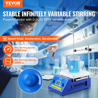 VEVOR Magnetic Stirrer Hot Plate, Max 572°F/300°C, 0-2000 RPM Hot Plate with Magnetic Stirrer, 5000mL Hot Plate Stirrer with LED Screen, Support Stand and Stir Bars Included, 500W Heating Power - CLJBJ1JRS5002S20JV1 - view 3