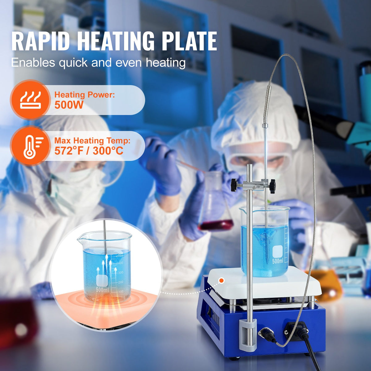 VEVOR Magnetic Stirrer Hot Plate, Max 572°F/300°C, 0-2000 RPM Hot Plate with Magnetic Stirrer, 5000mL Hot Plate Stirrer with LED Screen, Support Stand and Stir Bars Included, 500W Heating Power - CLJBJ1JRS5002S20JV1 - view 4