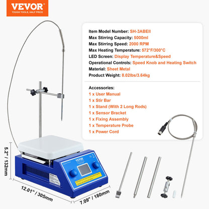VEVOR Magnetic Stirrer Hot Plate, Max 572°F/300°C, 0-2000 RPM Hot Plate with Magnetic Stirrer, 5000mL Hot Plate Stirrer with LED Screen, Support Stand and Stir Bars Included, 500W Heating Power - CLJBJ1JRS5002S20JV1 - view 8
