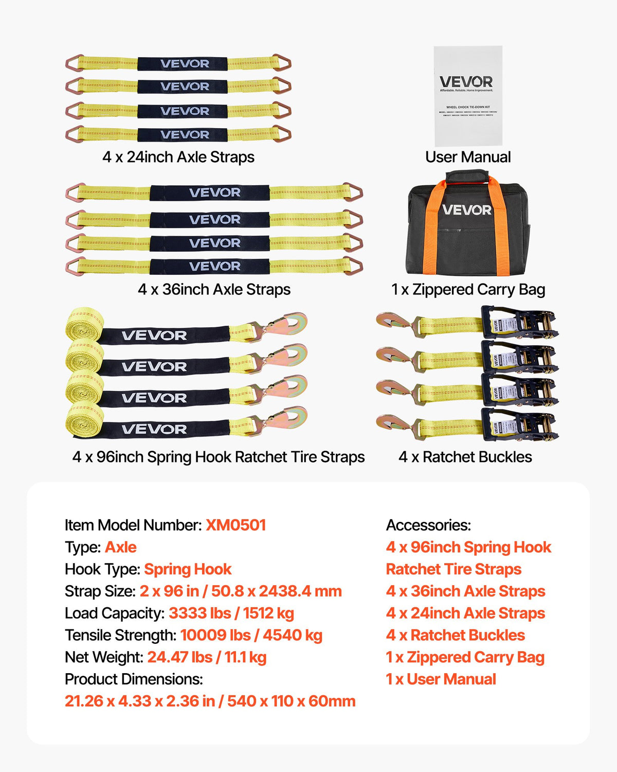 VEVOR Wheel Chock Tie-Down Kit, Axle Type Trailer Tie Down Strap, Car Tie Down Kit with Break Strength 10009 lbs, Working Load 3333 lbs, Trailer Ratchet Strap for ATV, UTV, & Heavy-Duty Pickup Trucks - CLJGTJ2CZXDHSWC35001V0 - view 8