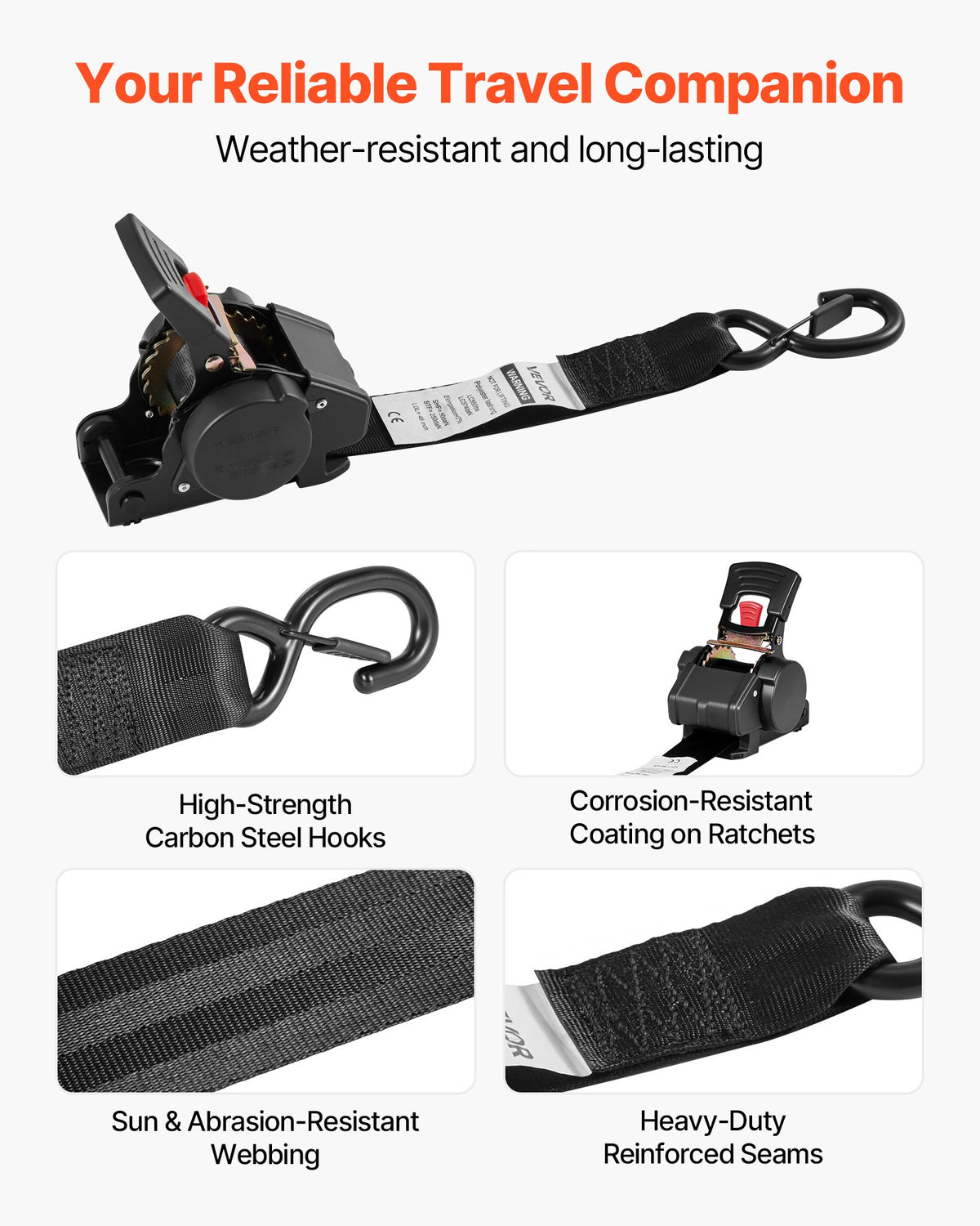 VEVOR Wheel Chock Tie-Down Kit, Fixed Trailer Tie Down Strap, Car Tie Down Kit with S-Hook, Break Strength 1649 lbs & Working Load 550 lbs Motorcycle Tie-Down System for Trailers, Boats, Snowmobiles - CLJGTJ2GDSSXOFYCV001V0 - view 7