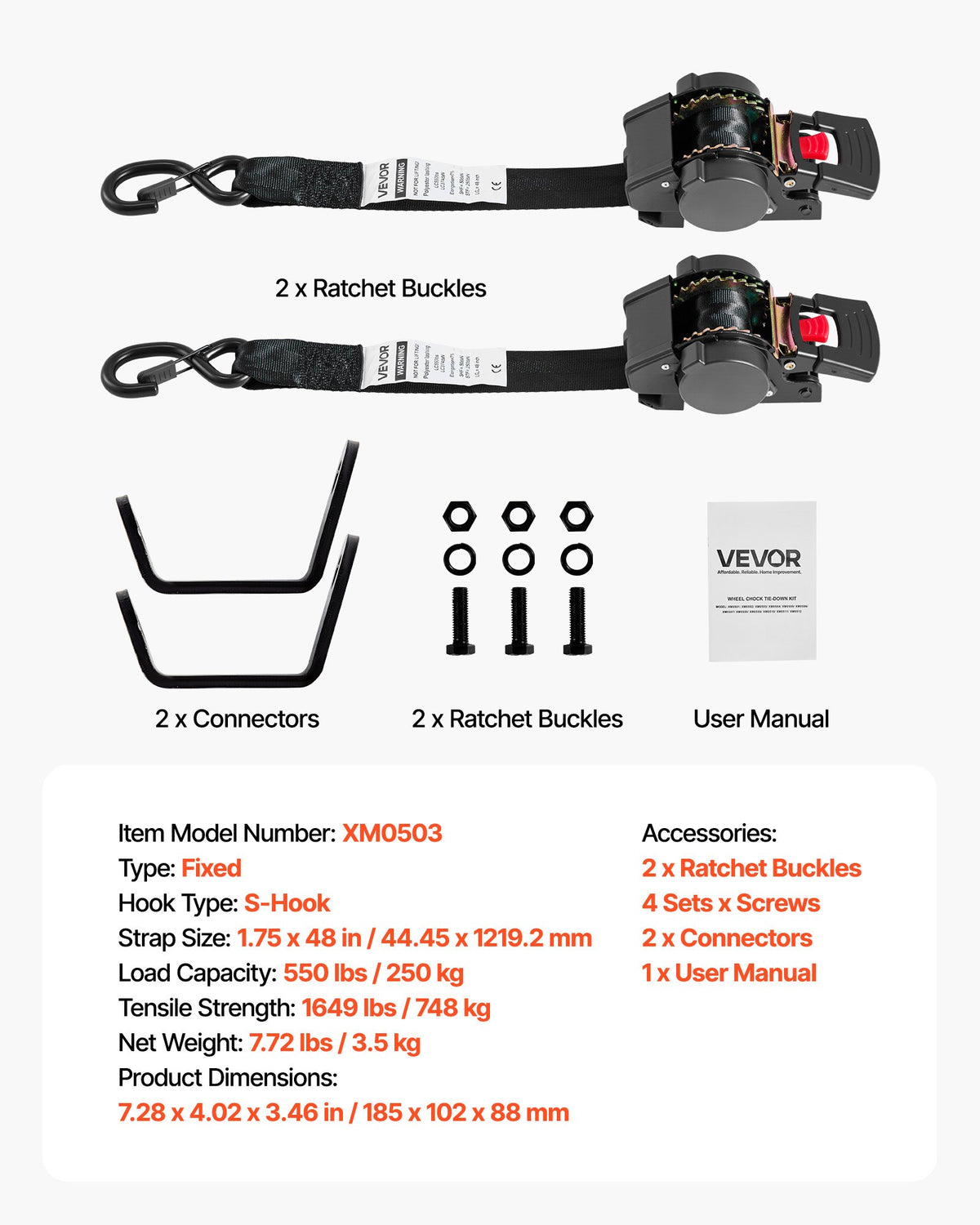 VEVOR Wheel Chock Tie-Down Kit, Fixed Trailer Tie Down Strap, Car Tie Down Kit with S-Hook, Break Strength 1649 lbs & Working Load 550 lbs Motorcycle Tie-Down System for Trailers, Boats, Snowmobiles - CLJGTJ2GDSSXOFYCV001V0 - view 8