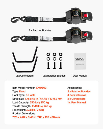 VEVOR Wheel Chock Tie-Down Kit, Fixed Trailer Tie Down Strap, Car Tie Down Kit with S-Hook, Break Strength 1649 lbs & Working Load 550 lbs Motorcycle Tie-Down System for Trailers, Boats, Snowmobiles - CLJGTJ2GDSSXOFYCV001V0 - view 8