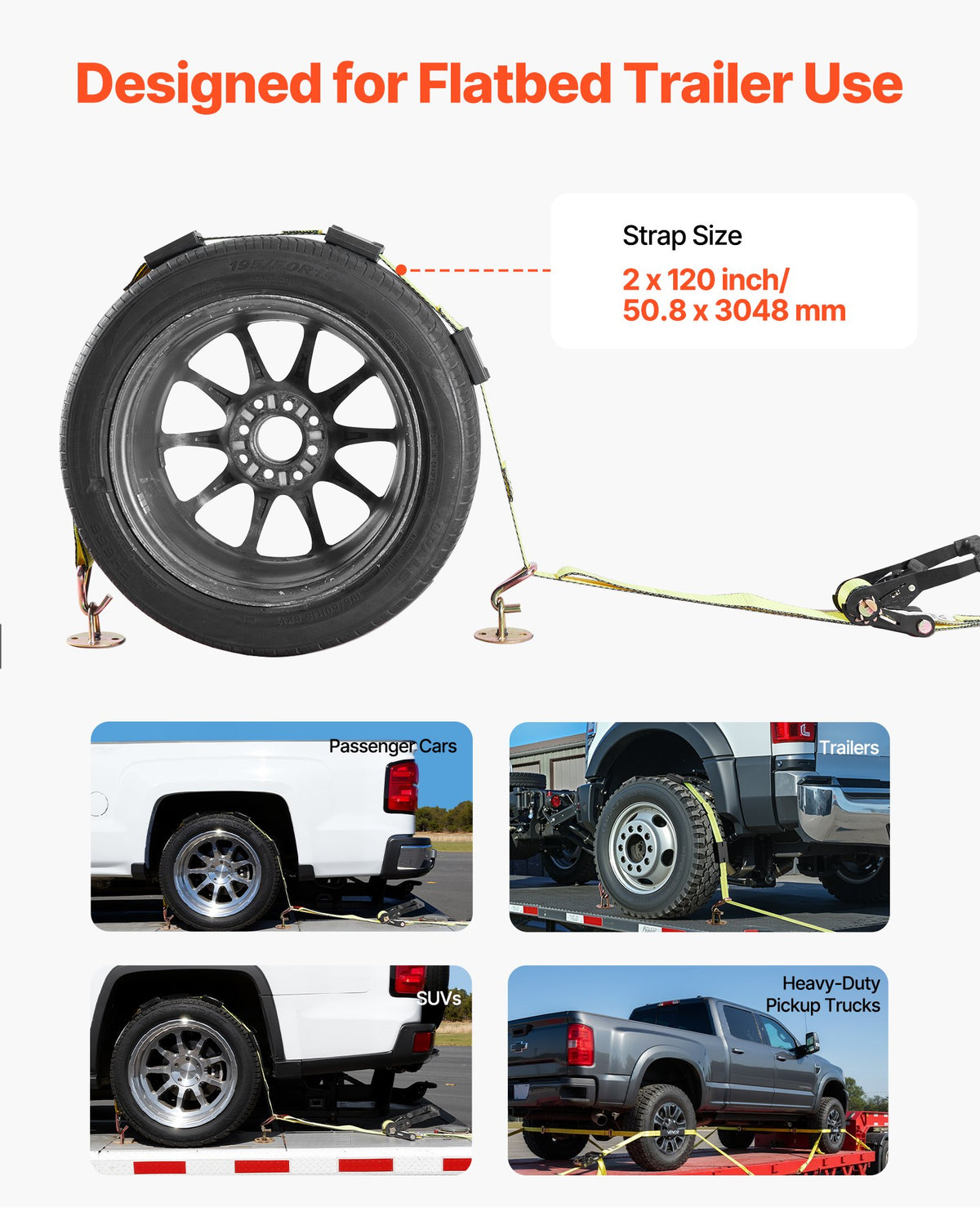 VEVOR Wheel Chock Tie-Down Kit, Deck-Style Trailer Tie Down Strap, Car Tie Down Kit with J-Hook, Break Strength 10009 lbs & Working Load 3333 lbs Motorcycle Tie-Down System for SUVs, Trailers, Trucks - CLJGTJ2JBXJX0SH2A001V0 - view 5