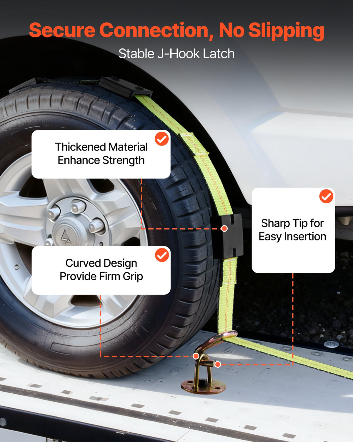 VEVOR Wheel Chock Tie-Down Kit, Deck-Style Trailer Tie Down Strap, Car Tie Down Kit with J-Hook, Break Strength 10009 lbs & Working Load 3333 lbs Motorcycle Tie-Down System for SUVs, Trailers, Trucks - CLJGTJ2JBXJX0SH2A001V0 - view 6