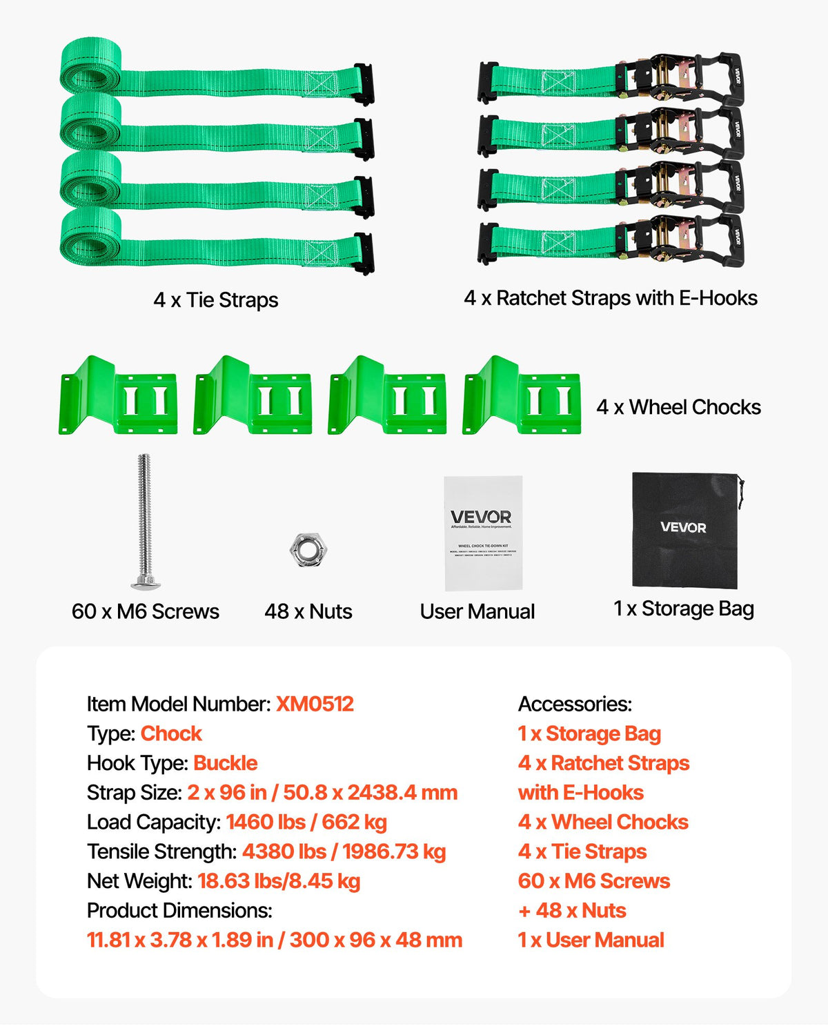 VEVOR Wheel Chock Tie-Down Kit, Chock-Style Trailer Tie Down Strap, Car Tie Down Kit with Buckle, Break Strength 4380 lbs & Working Load 1460 lbs Motorcycle Tie-Down System E-Hooks for ATVs, UTVs - CLJGTJ2LDXKKJLXJW001V0 - view 8
