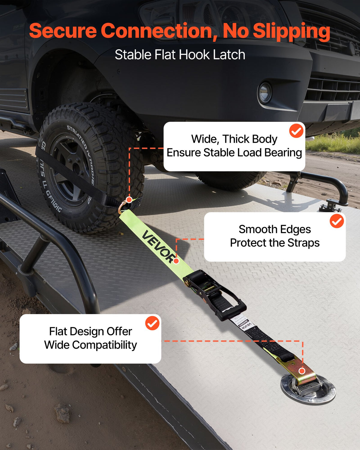 VEVOR Wheel Chock Tie-Down Kit, Tire-Style Trailer Tie Down Strap, Car Tie Down Kit with Flat Hook, Break Strength 10009 lbs & Working Load 3333 lbs Motorcycle Tie-Down System for ATVs, SUVs, Trailers - CLJGTJ2LTXBPIGNRS001V0 - view 6