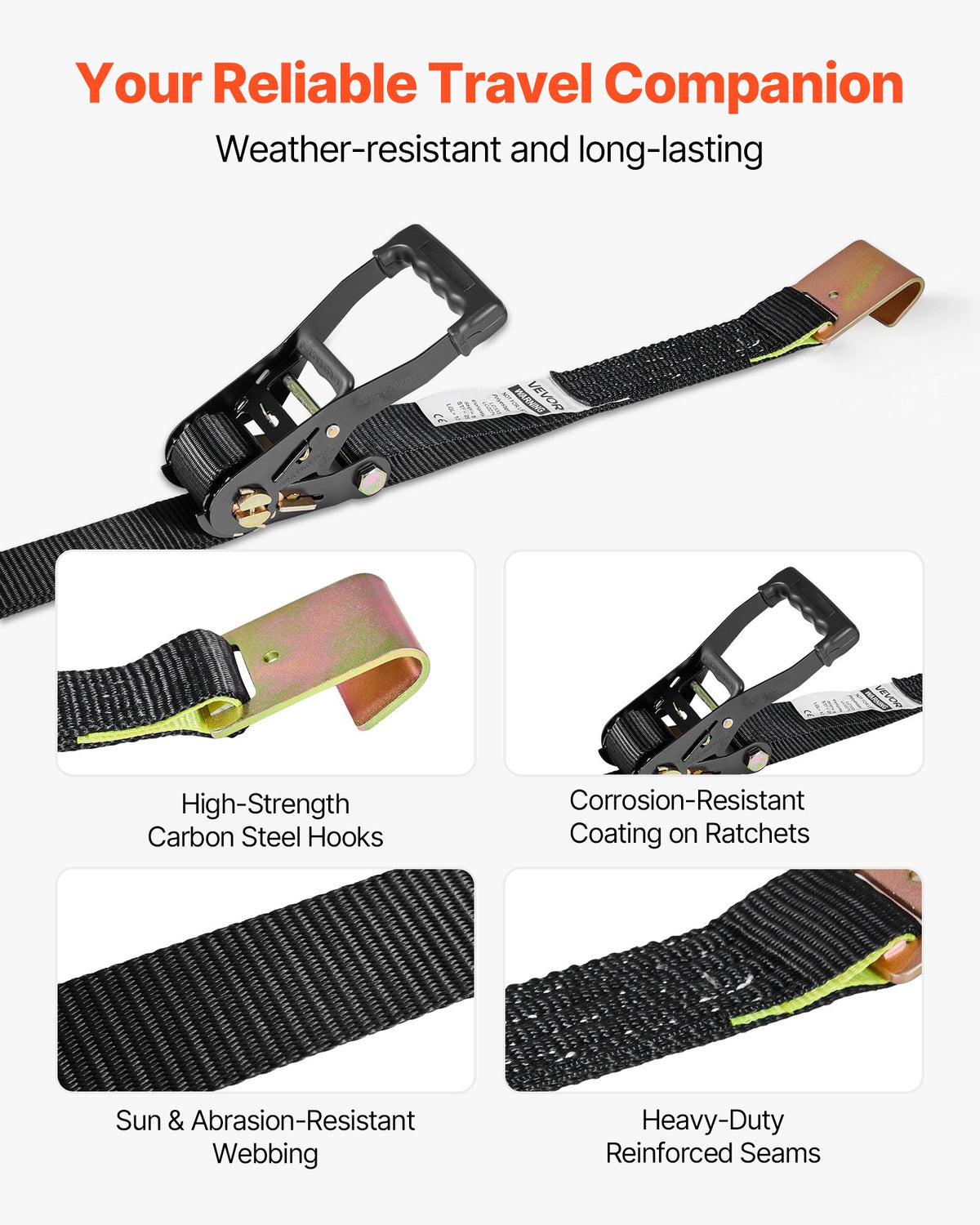 VEVOR Wheel Chock Tie-Down Kit, Tire-Style Trailer Tie Down Strap, Car Tie Down Kit with Flat Hook, Break Strength 10009 lbs & Working Load 3333 lbs Motorcycle Tie-Down System for ATVs, SUVs, Trailers - CLJGTJ2LTXBPIGNRS001V0 - view 7