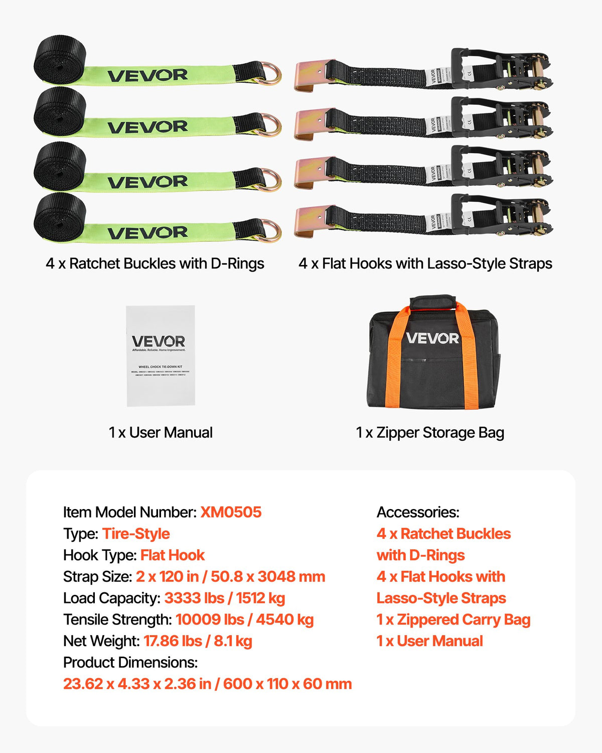 VEVOR Wheel Chock Tie-Down Kit, Tire-Style Trailer Tie Down Strap, Car Tie Down Kit with Flat Hook, Break Strength 10009 lbs & Working Load 3333 lbs Motorcycle Tie-Down System for ATVs, SUVs, Trailers - CLJGTJ2LTXBPIGNRS001V0 - view 8
