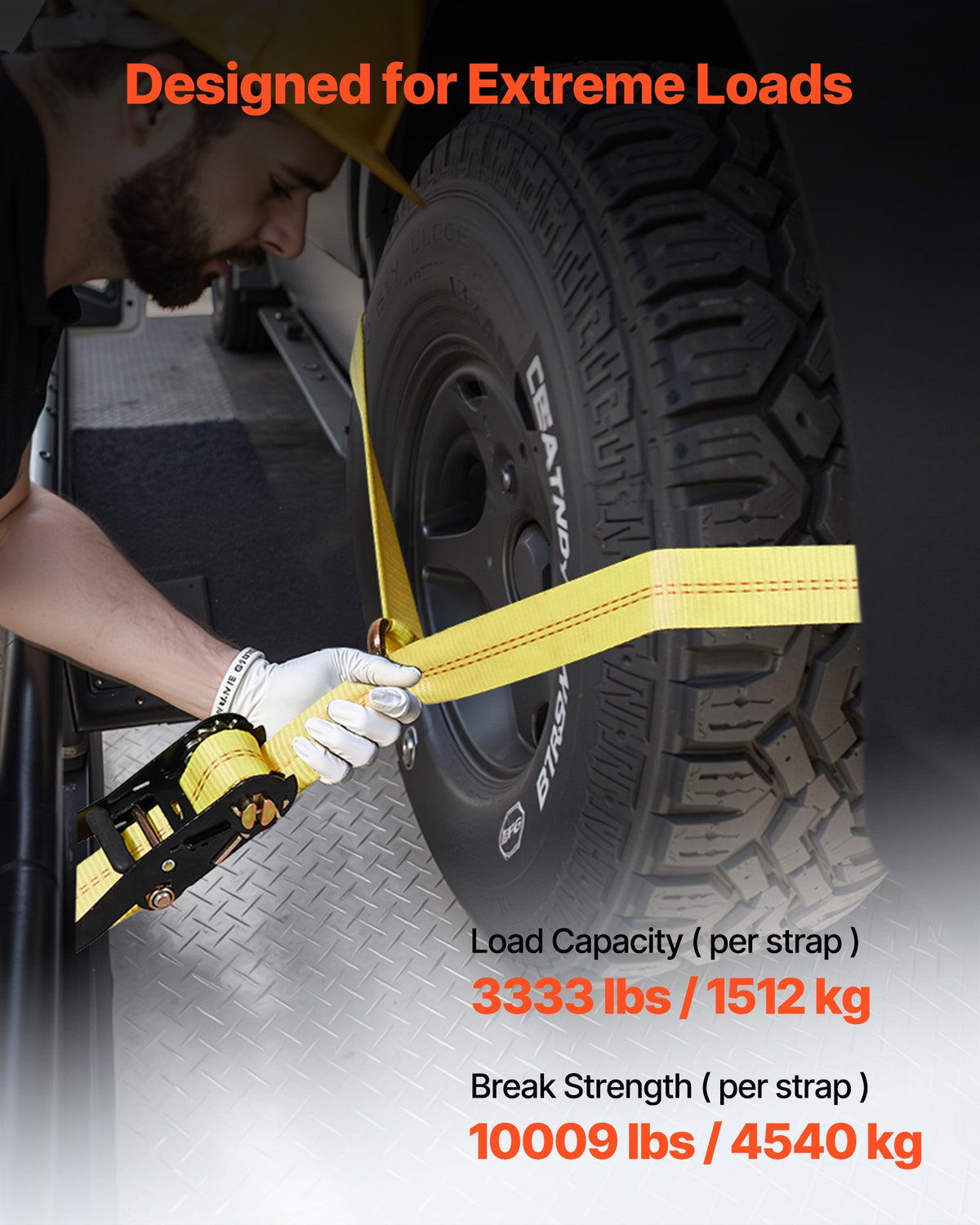 VEVOR Wheel Chock Tie-Down Kit, Tire-Style Trailer Tie Down Strap, Car Tie Down Kit with Spring Hook, Break Strength 10009 lbs & Working Load 3333 lbs Motorcycle Tie-Down System for ATV, SUV, Trailer - CLJGTJ2LTXDHMHSKB001V0 - view 4