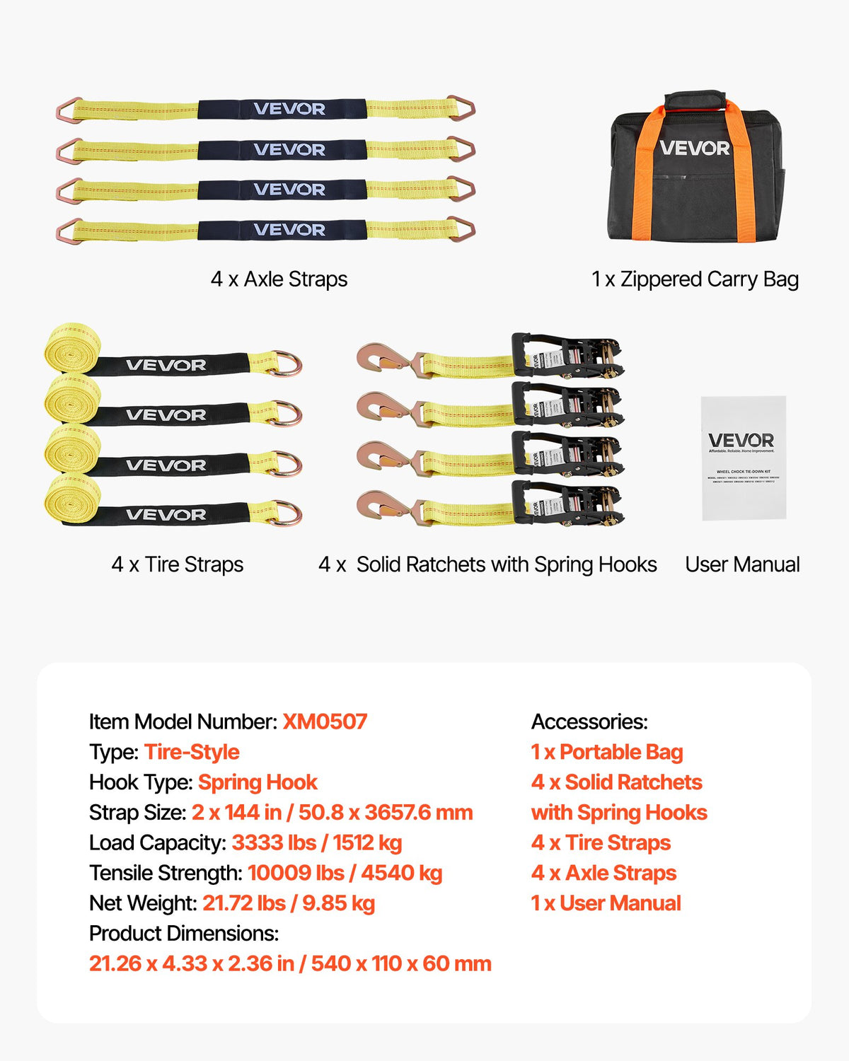 VEVOR Wheel Chock Tie-Down Kit, Tire-Style Trailer Tie Down Strap, Car Tie Down Kit with Spring Hook, Break Strength 10009 lbs & Working Load 3333 lbs Motorcycle Tie-Down System for ATV, SUV, Trailer - CLJGTJ2LTXDHMHSKB001V0 - view 8