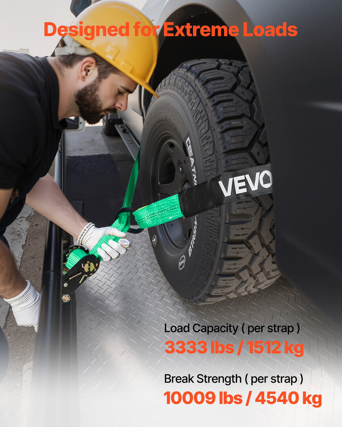 VEVOR Wheel Chock Tie-Down Kit, Tire-Style Tow Dolly Strap, Car Tie Down Kit with Heavy-Duty Hook, Break Strength 10009 lbs & Working Load 3333 lbs Motorcycle Tie-Down System with O-Ring for ATV, SUV - CLJGTJ2LTXZX66N3Q001V0 - view 4