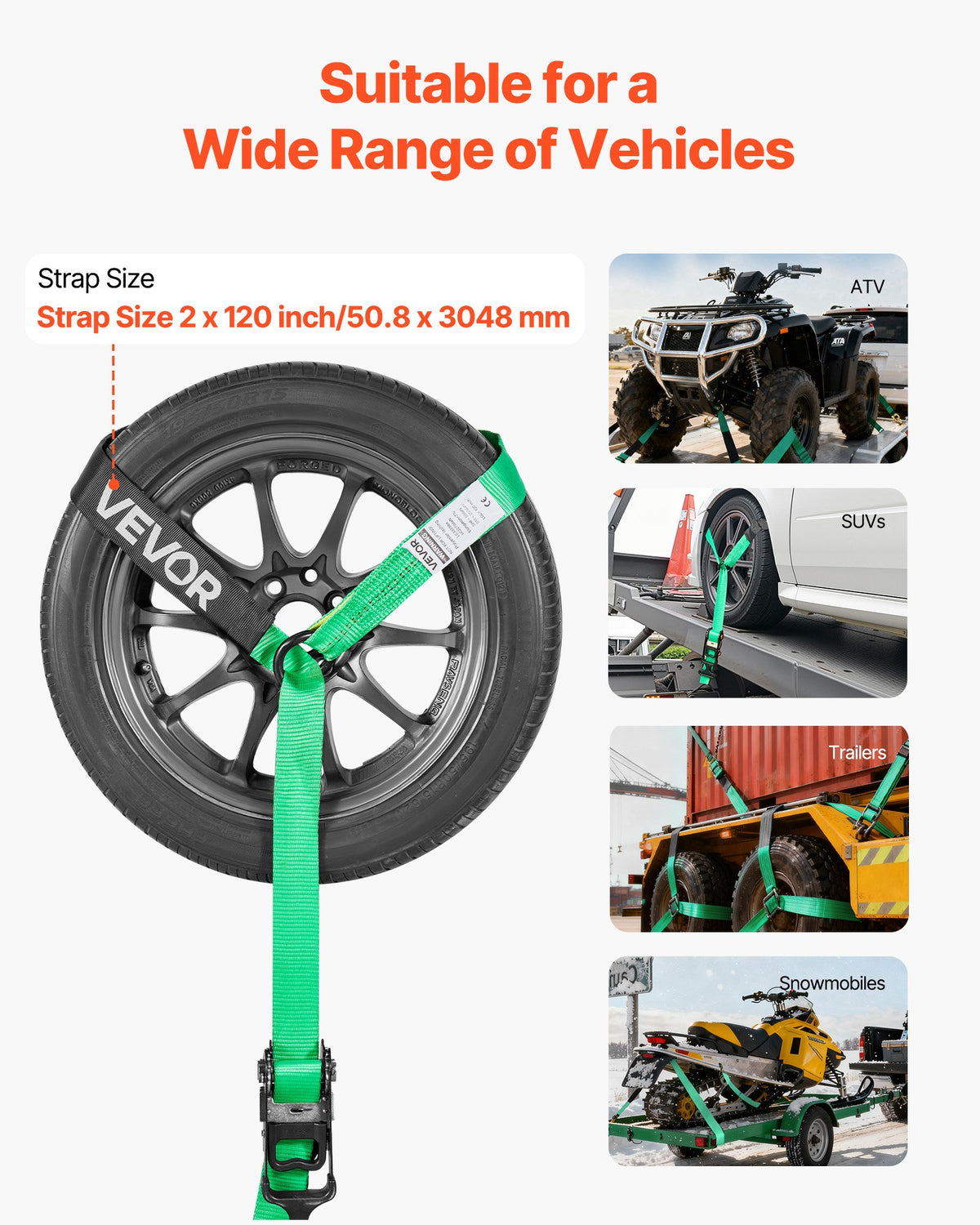 VEVOR Wheel Chock Tie-Down Kit, Tire-Style Tow Dolly Strap, Car Tie Down Kit with Heavy-Duty Hook, Break Strength 10009 lbs & Working Load 3333 lbs Motorcycle Tie-Down System with O-Ring for ATV, SUV - CLJGTJ2LTXZX66N3Q001V0 - view 5