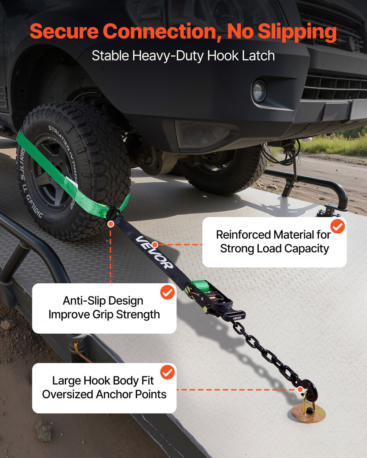 VEVOR Wheel Chock Tie-Down Kit, Tire-Style Tow Dolly Strap, Car Tie Down Kit with Heavy-Duty Hook, Break Strength 10009 lbs & Working Load 3333 lbs Motorcycle Tie-Down System with O-Ring for ATV, SUV - CLJGTJ2LTXZX66N3Q001V0 - view 6