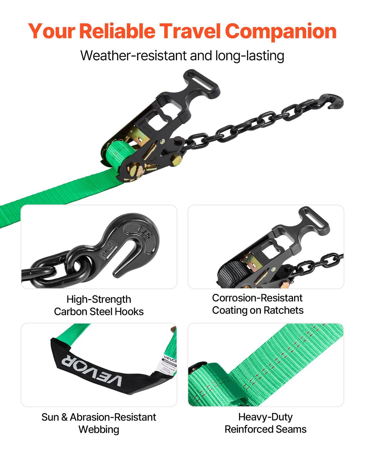 VEVOR Wheel Chock Tie-Down Kit, Tire-Style Tow Dolly Strap, Car Tie Down Kit with Heavy-Duty Hook, Break Strength 10009 lbs & Working Load 3333 lbs Motorcycle Tie-Down System with O-Ring for ATV, SUV - CLJGTJ2LTXZX66N3Q001V0 - view 7