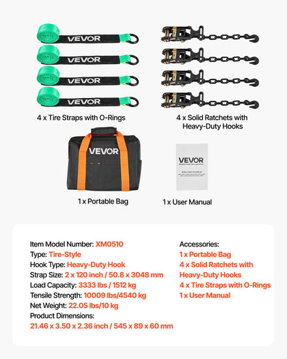 VEVOR Wheel Chock Tie-Down Kit, Tire-Style Tow Dolly Strap, Car Tie Down Kit with Heavy-Duty Hook, Break Strength 10009 lbs & Working Load 3333 lbs Motorcycle Tie-Down System with O-Ring for ATV, SUV - CLJGTJ2LTXZX66N3Q001V0 - view 8