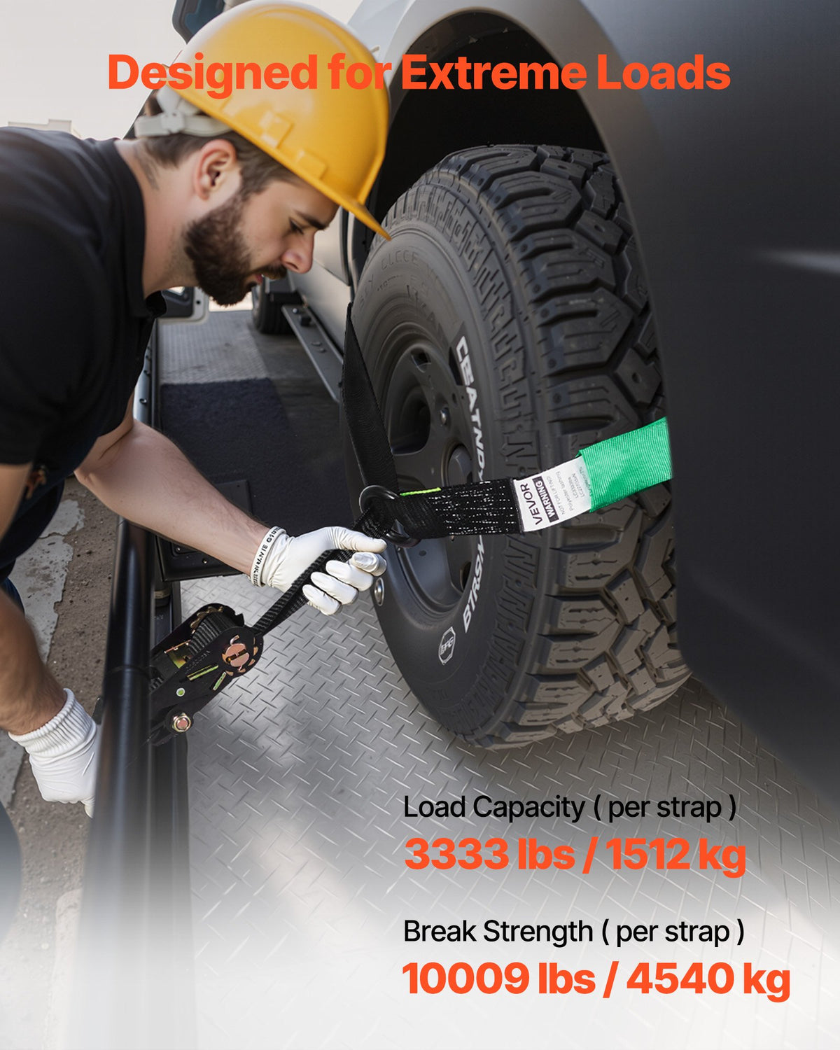 VEVOR Wheel Chock Tie-Down Kit, Tire-Style Tow Dolly Strap, Car Tie Down Kit with Heavy-Duty Hook, Break Strength 10009 lbs & Working Load 3333 lbs Motorcycle Tie-Down System for ATV, SUV, Trailer - CLJGTJ2LTXZXMFDY9001V0 - view 4